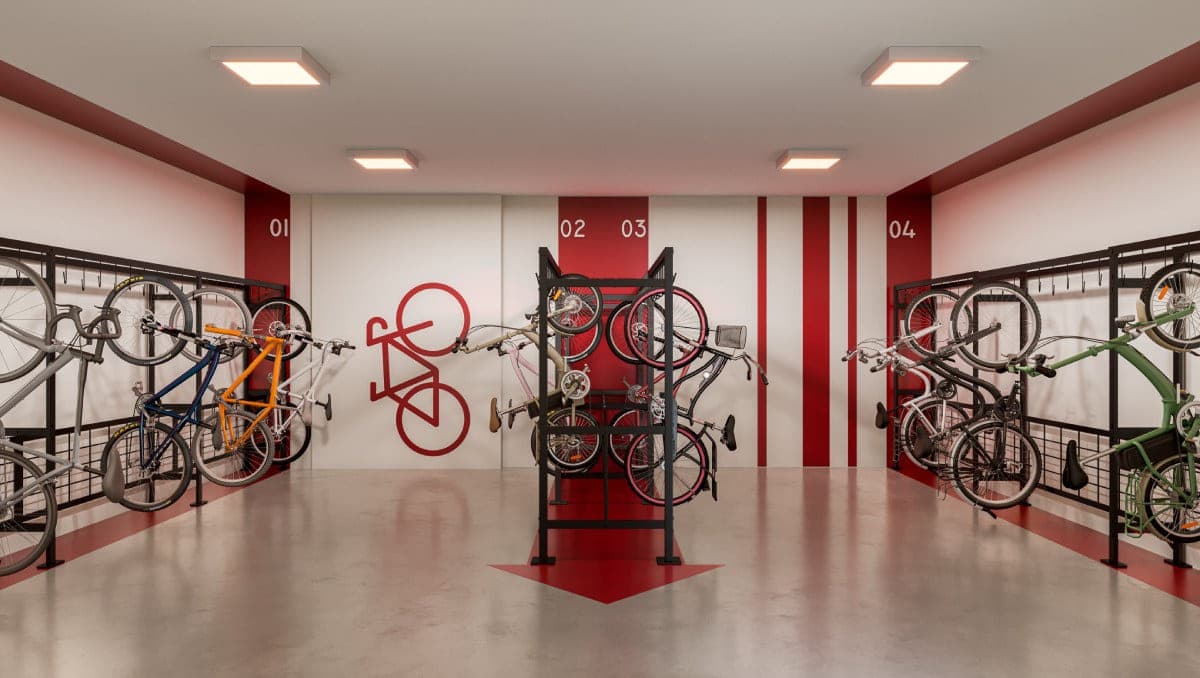 Bicicletário com suportes de parede numerados para bicicletas e guarda-corpo