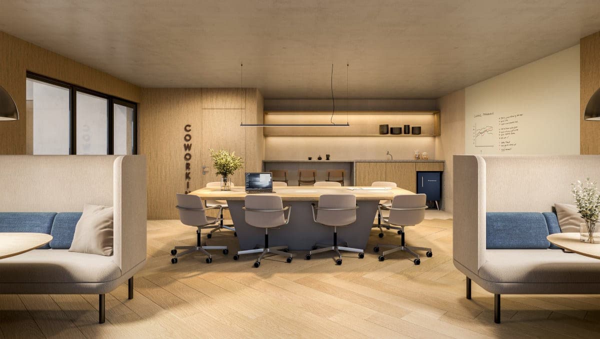 Coworking com mesa de reunião para dez lugares, nichos com sofás e bancada de apoio