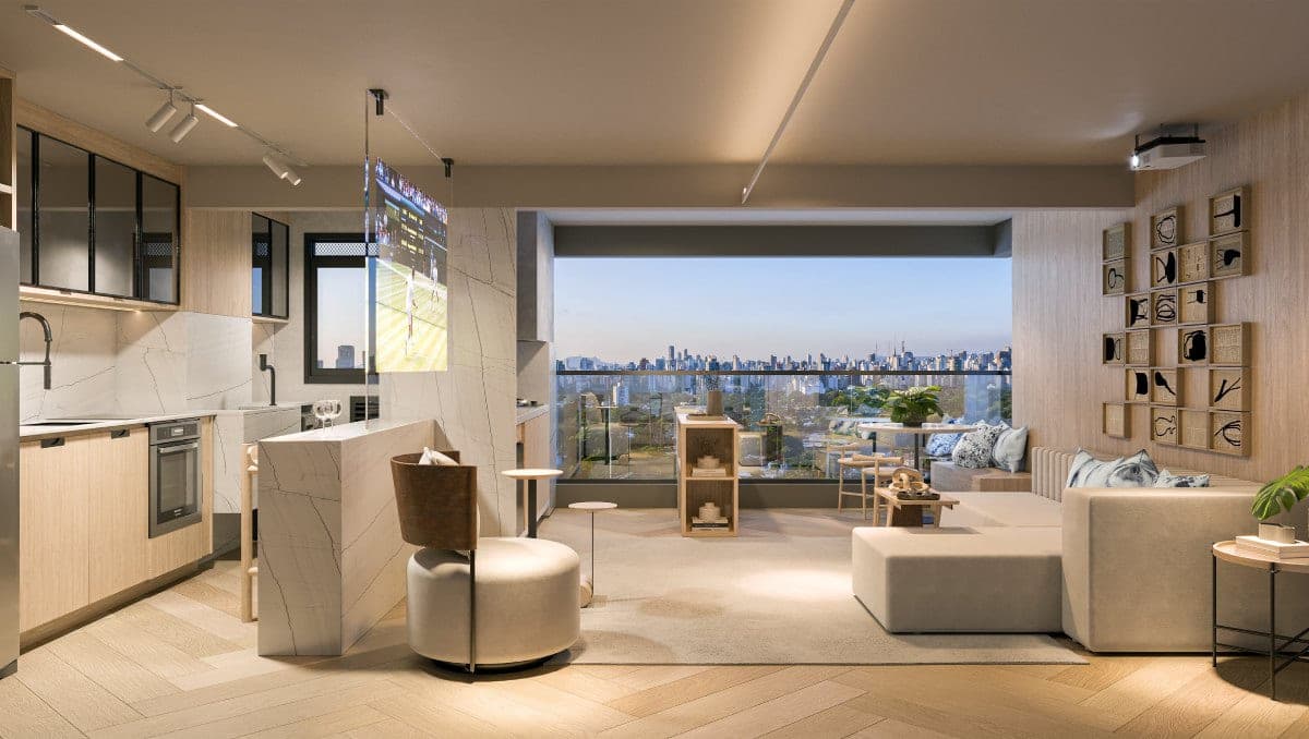 Apartamento decorado com cozinha integrada, sala de estar e terraço com vista da cidade
