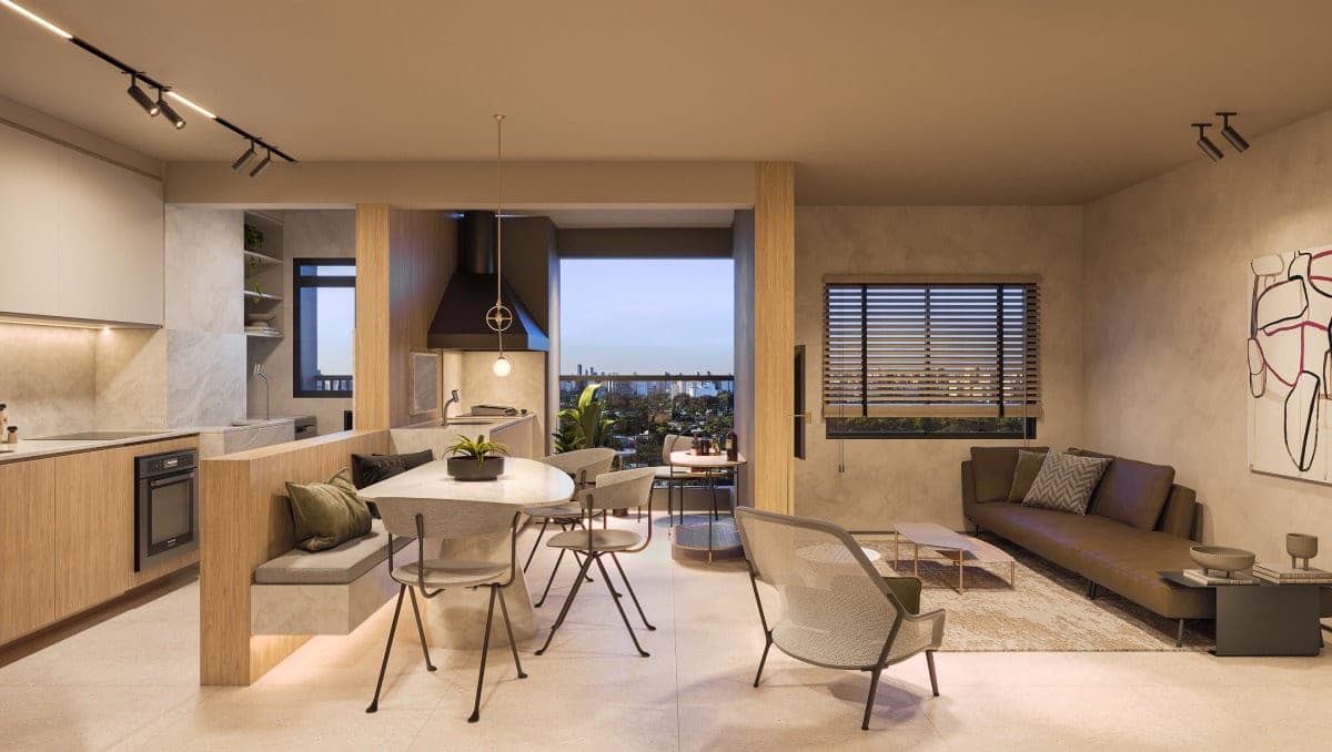 Living do decorado de 58 m²: cozinha integrada, mesa de jantar e sofá junto à janela