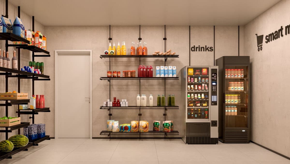 Mini mercado com prateleiras de mantimentos, geladeira de bebidas e máquina de autoatendimento