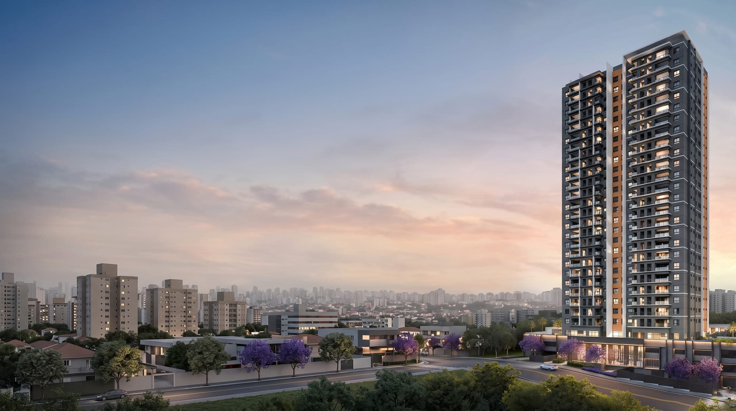 Fachada do Ápice Vila Yara ao entardecer, vista da Vila Yara com a cidade de Osasco ao fundo
