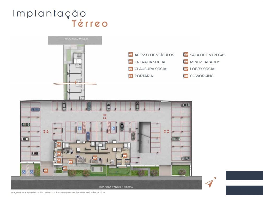 Implantação do pavimento térreo: acesso de veículos e entrada social pela Rua Rosa D'Ângelo Pisápia, estacionamento coberto ocupando a maior parte do lote e a faixa de portaria, lobby, entregas, mini mercado e coworking ao centro.