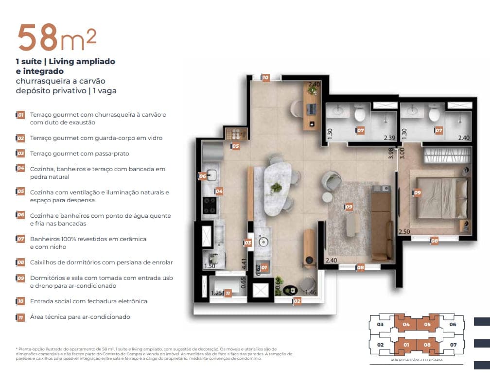 Planta-opção de 58 m² com uma suíte e o living ampliado, integrando cozinha, sala de jantar e terraço.