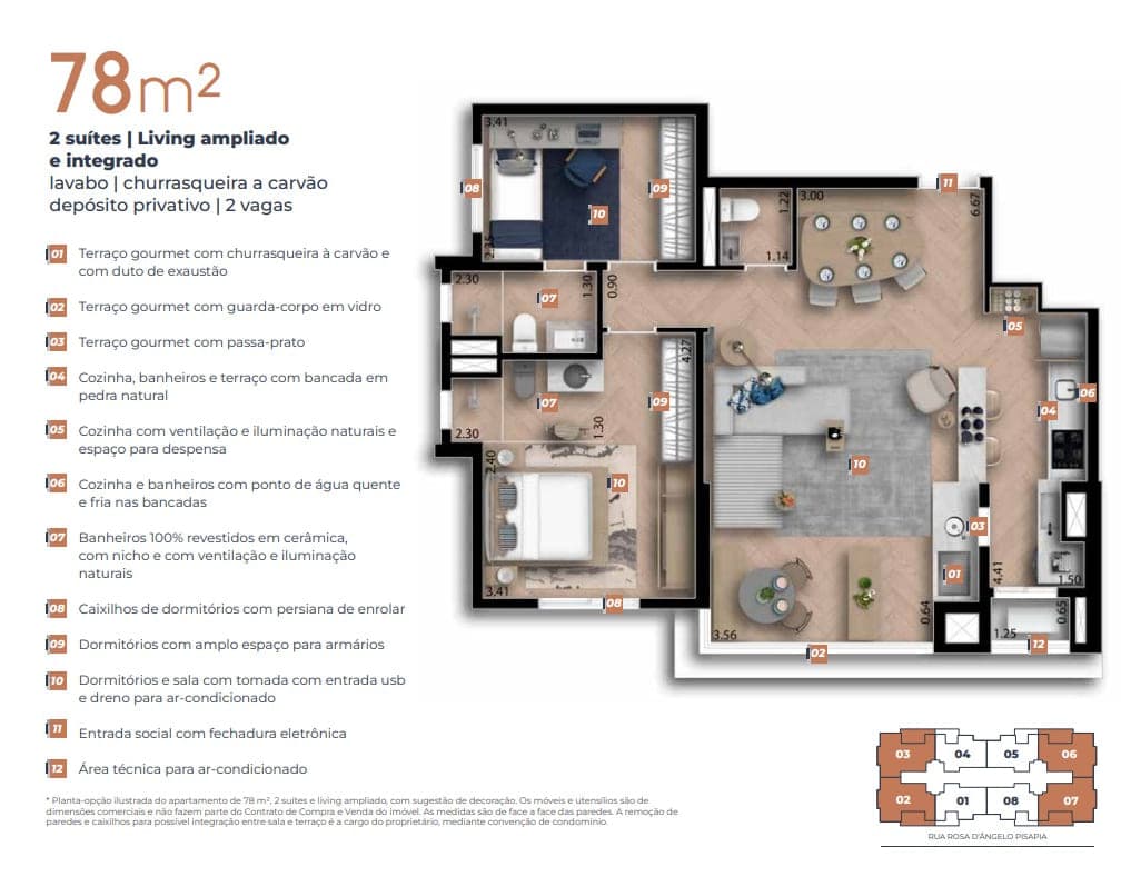 Planta-opção de 78 m² com duas suítes, lavabo e living ampliado integrado ao terraço.